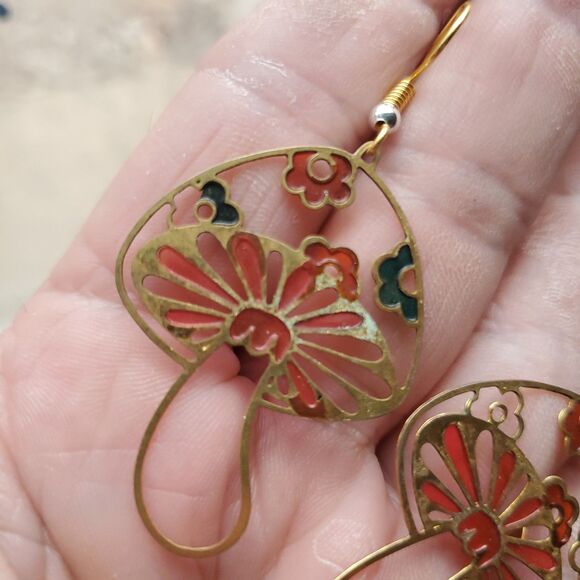 Copper Mushroom Earrings Stained Glass Style Boho Art Dangle Jewelry - Picture 5 of 5